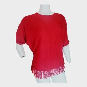 New Directions Elbow Dolman Sleeve Crew-Neck Fringed Pullover Sweater, Medium
